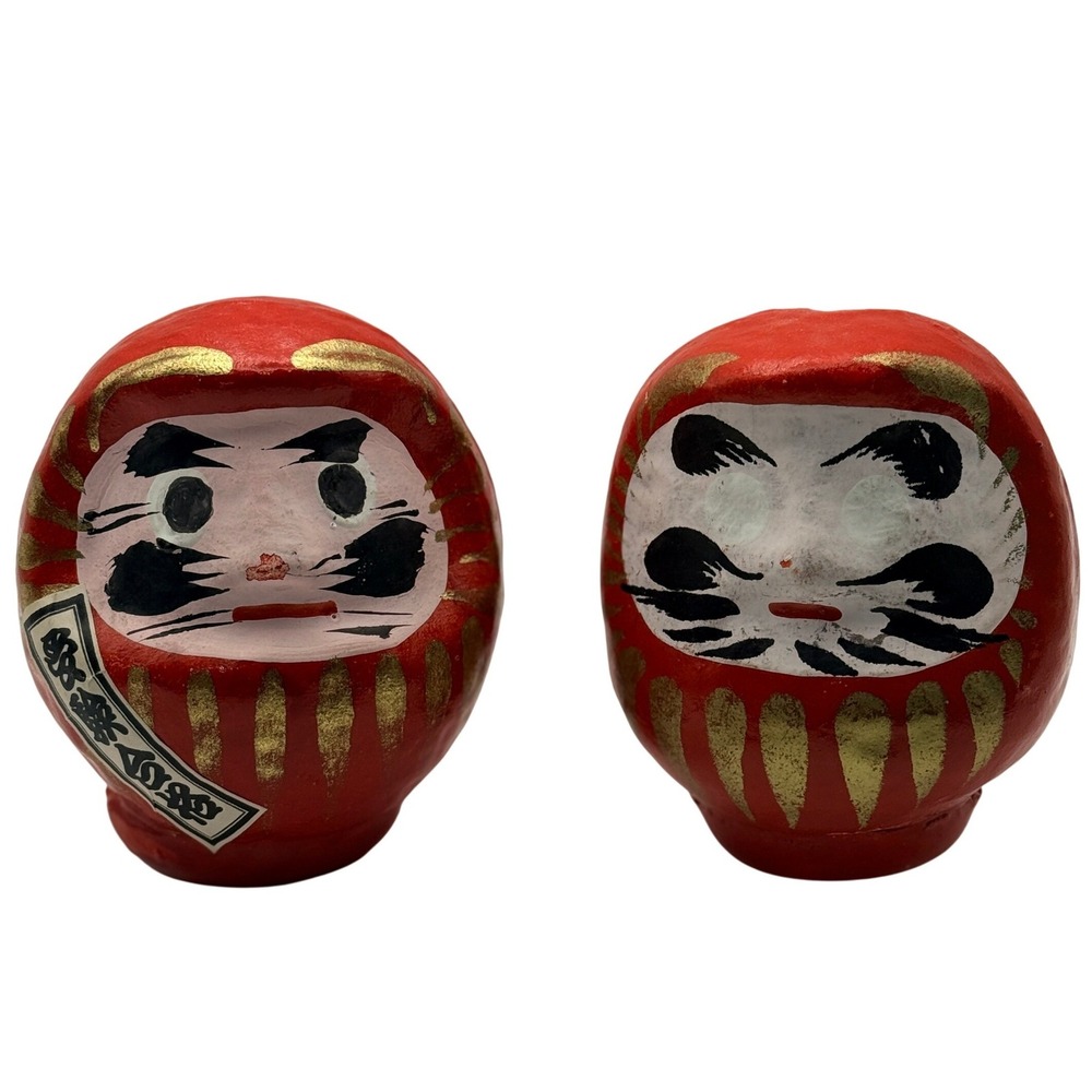 Vintage Japanese Daruma Doll Set Good Luck Talisman Red Gold 3.5" Papier-Mache